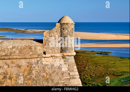 Portugal: Detail of the fortress in Cacela Velha with ocean view to Ria Formosa Stock Photo