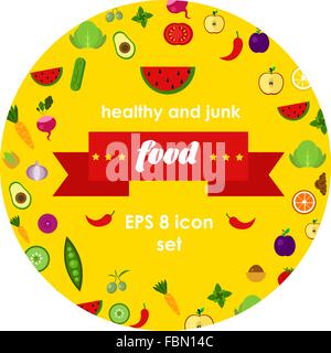 vector vegetables and fruits illustrations in round sticker Stock Vector
