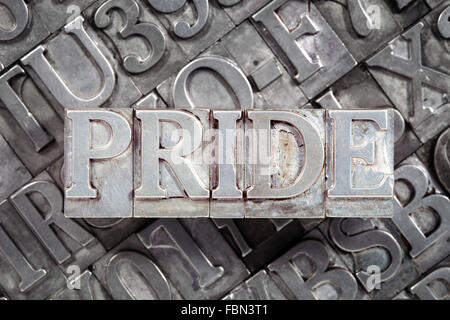 pride word concept made from metallic letterpress blocks on many letters background Stock Photo