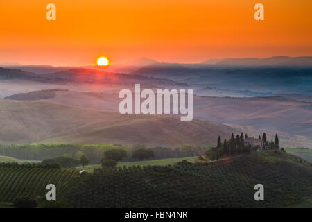 Podere Belvedere by sunrise, Val d'Orcia, Siena, (Tuscany area), Italy.