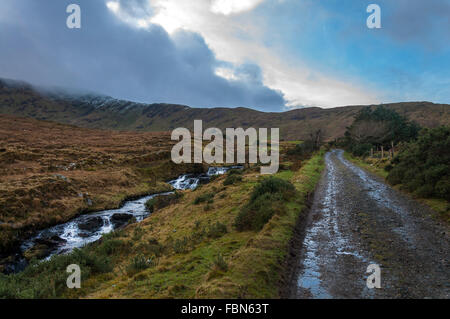 Mountain track and stream in landscape in Donegal, Ireland Stock Photo