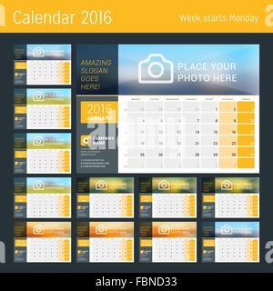 Desk Calendar for 2016 Year. Set of 12 Months. Vector Design Print Template with Place for Photo, Logo and Contact Information.  Stock Vector