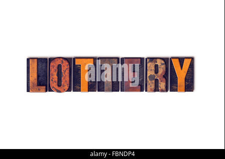 The word 'Lottery' written in isolated vintage wooden letterpress type on a white background. Stock Photo