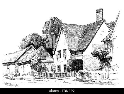 UK, England, Buckinghamshire, Dinton village, old country cottage, 1911 line illustration by, Sydney R Jones Stock Photo