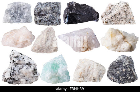 macro shooting of specimen natural rock - set from 12 specimens of mineral stones isolated on white background Stock Photo