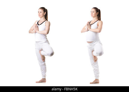 Composite image of young happy fitness model in white sportswear doing yoga or pilates training before and during pregnancy Stock Photo
