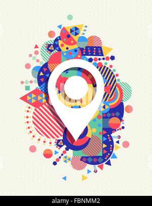 Gps pointer map icon poster design with colorful vibrant geometry shapes background. Social media concept. EPS10 vector. Stock Vector