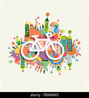 Go green bike concept poster design. Vibrant colors geometric eco environment shapes with bicycle outline icon illustration. Stock Vector