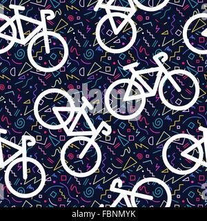 Bike retro seamless pattern, bicycle outline silhouette with 80s colorful geometry shape background in memphis style. EPS10 Stock Vector