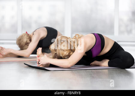 Fitness, stretching practice, group of two attractive fit mature women working out in sports club, "warming up" Stock Photo