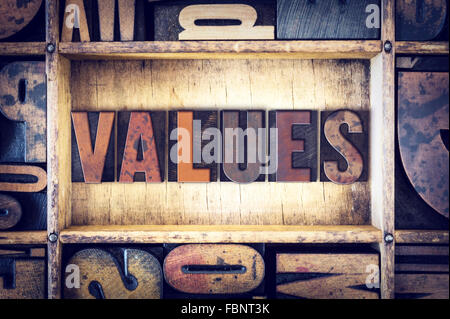 The word "Values" written in vintage wooden letterpress type. Stock Photo