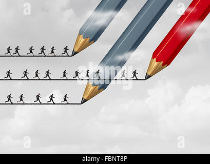 Success in business strategy with a group of pencils drawing a bridge line as a group of people running to achieve their goal as a red pencil leads the way for the winning team. Stock Photo