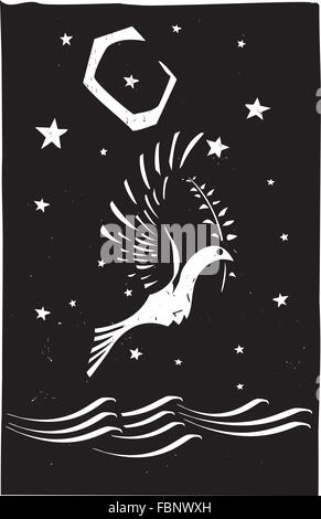 Woodcut style image of the biblical dove returning with an olive branch to Noah Stock Vector