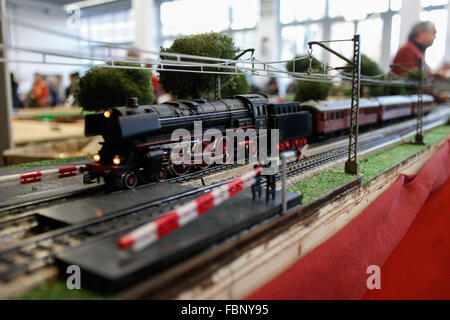 Torino, Italy. 17th Jan, 2016. A train during modeling exhibition at Grugliasco, near Torino, a weekend dedicated to the static and dynamic modeling, with flight simulation, trains in motion, radio controlled cars and much more. © Cycle For Water Campaign/Alamy Live News Stock Photo