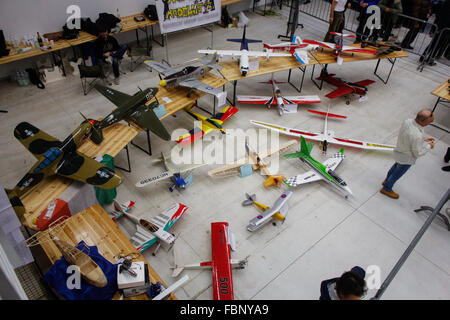 Torino, Italy. 17th Jan, 2016. Variety of planes display during modeling exhibition at Grugliasco, near Torino, a weekend dedicates to the static and dynamic modeling, with flight simulation, trains in motion, radio controlled cars and much more. © Cycle For Water Campaign/Alamy Live News Stock Photo