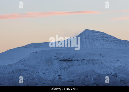 Winter sunset on the summit of Cribyn in the Brecon Beacons National Park. Stock Photo