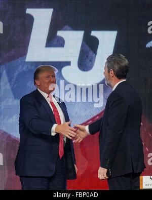 Lynchburg, Virginia, USA. 18th January, 2016. Donald Trump w/Jerry Jr Falwell Credit:  Mark East/Alamy Live News Stock Photo