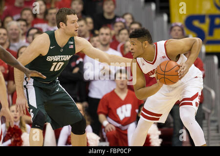 Madison, WI, USA. 17th Jan, 2016. Wisconsin Badgers forward Charlie Thomas #15 in action during the NCAA Basketball game between the Michigan State Spartans and the Wisconsin Badgers at the Kohl Center in Madison, WI. Wisconsin defeated Michigan State 77-76. John Fisher/CSM/Alamy Live News Stock Photo