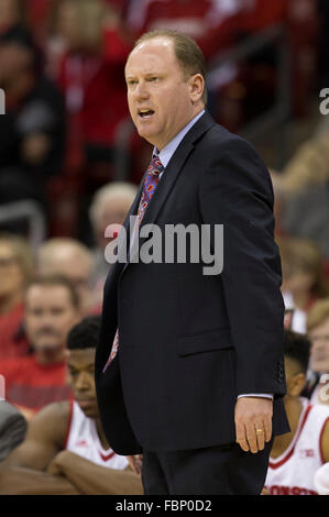 Madison, WI, USA. 17th Jan, 2016. Wisconsin coach Greg Gard looks on during the NCAA Basketball game between the Michigan State Spartans and the Wisconsin Badgers at the Kohl Center in Madison, WI. Wisconsin defeated Michigan State 77-76. John Fisher/CSM/Alamy Live News Stock Photo