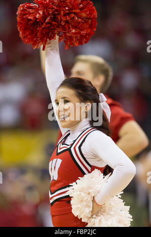 Madison, WI, USA. 17th Jan, 2016. Wisconsin cheerleader entertains crowd during the NCAA Basketball game between the Michigan State Spartans and the Wisconsin Badgers at the Kohl Center in Madison, WI. Wisconsin defeated Michigan State 77-76. John Fisher/CSM/Alamy Live News Stock Photo