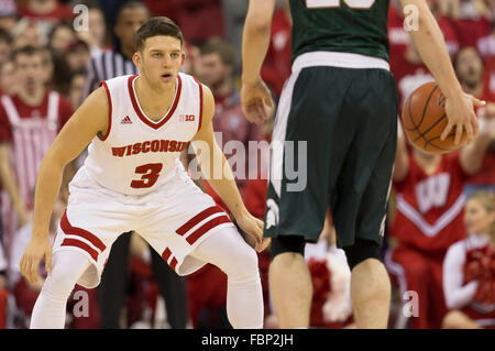 Madison, WI, USA. 17th Jan, 2016. Wisconsin Badgers guard Zak Showalter #3 plays defense during the NCAA Basketball game between the Michigan State Spartans and the Wisconsin Badgers at the Kohl Center in Madison, WI. Wisconsin defeated Michigan State 77-76. John Fisher/CSM/Alamy Live News Stock Photo