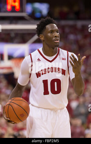 Madison, WI, USA. 17th Jan, 2016. Wisconsin Badgers forward Nigel Hayes #10 during the NCAA Basketball game between the Michigan State Spartans and the Wisconsin Badgers at the Kohl Center in Madison, WI. Wisconsin defeated Michigan State 77-76. John Fisher/CSM/Alamy Live News Stock Photo