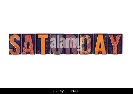The word 'Saturday' written in isolated vintage wooden letterpress type on a white background. Stock Photo