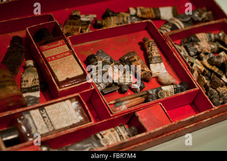 Vintage oil paint tubes in artist's case - USA Stock Photo