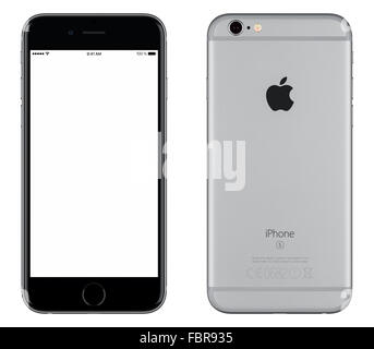 Varna, Bulgaria - October 24, 2015: Front view of Space Gray Apple iPhone 6S mockup with white screen and back side Stock Photo