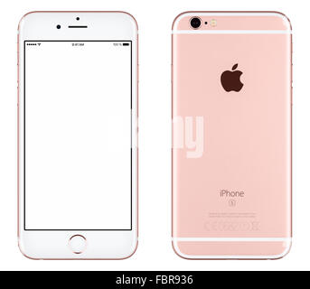 Varna, Bulgaria - October 24, 2015: Front view of Rose Gold Apple iPhone 6S mockup with white screen and back side Stock Photo