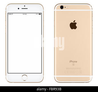 Varna, Bulgaria - October 24, 2015: Front view of Gold Apple iPhone 6S mockup with white screen and back side Stock Photo