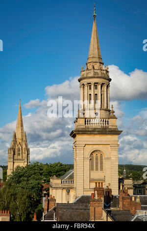 Rooftop view of the towers of Lincoln College Library and St Mary's Church, Oxford, Oxfordshire, England, UK Stock Photo