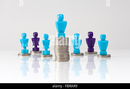Wage gap and unequal money distribution concept shown with male and female figurines standing on coin piles Stock Photo
