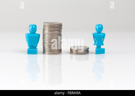 Income inequality concept shown with male and female figurines and piles of coins Stock Photo