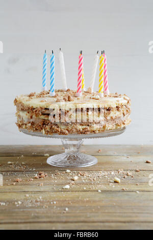 homemade cake with candles on glaas stand Stock Photo