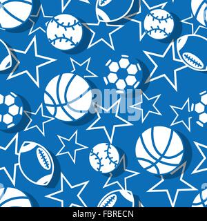 Sports balls in blue and white seamless pattern Stock Vector