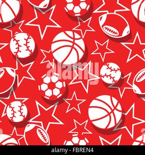 Sports balls in red and white seamless pattern . Stock Vector