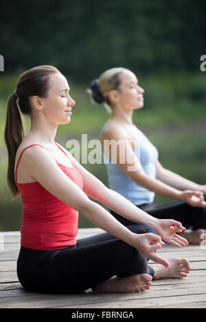 Portrait of two serene smiling young attractive yogi women meditating outdoors, working out in park on summer day Stock Photo