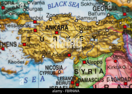 Photo of a map of Turkey  and the capital Ankara . Stock Photo