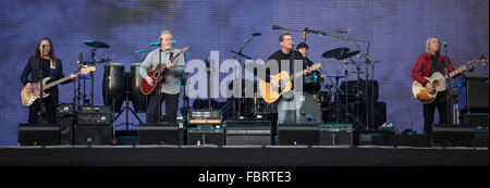 Wiesbaden, Germany. 19th June, 2011. The Rock band 'Eagles' - Timothy B. Schmit (L-R), Don Henley, Glenn Frey und Joe Walsh - perform on stage at the band's first concert of the German tour at the 'Bowling Green' in Wiesbaden, Germany, 19 June 2011. The Eagles started their tour under the title 'Long Road Out Of Eden'. Photo: Fredrik von Erichsen/dpa/Alamy Live News Stock Photo