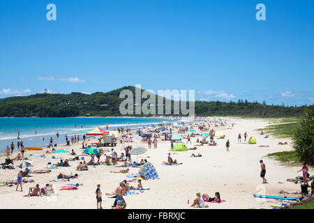 Byron bay and a busy Main Beach during summer, northern New South Wales,Australia Stock Photo