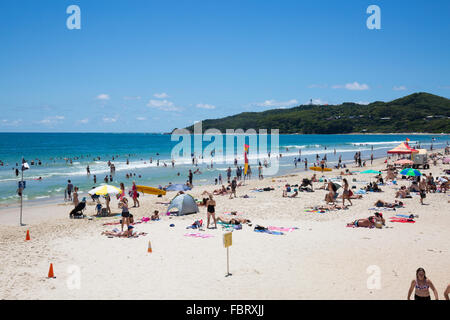 Byron bay and a busy Main Beach during summer, northern New South Wales,Australia Stock Photo