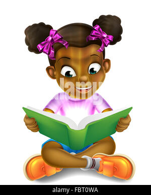 A happy cartoon little black girl enjoying reading an amazing book and using her imagination Stock Photo