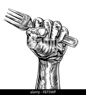 An original design of a fist holding a fork in a vintage woodcut style Stock Photo