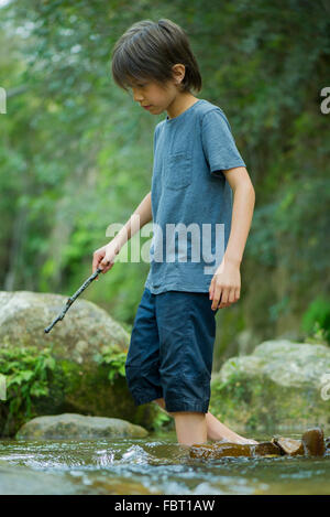 Boy wading in stream Stock Photo