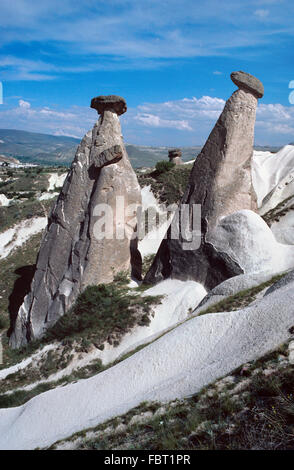 Fairy Chimneys or Hoodoo Rocks Weathered from Volcanic Tuff Rock, Cappadocia, Turkey Stock Photo