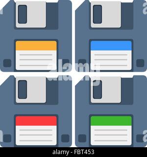 A vector illustration of an old computer floppy disk and colorful labels yellow blue red and green. Stock Vector