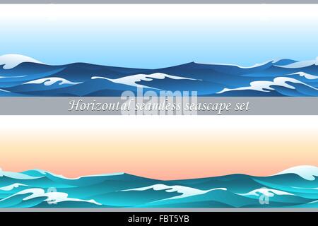 Seamless horizontal pattern set with blue waves and sky Stock Vector
