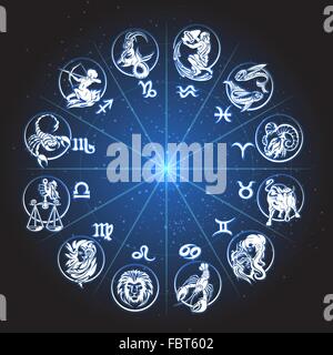 Horoscope Zodiac circle. Signs against night sky with stars. Stock Vector