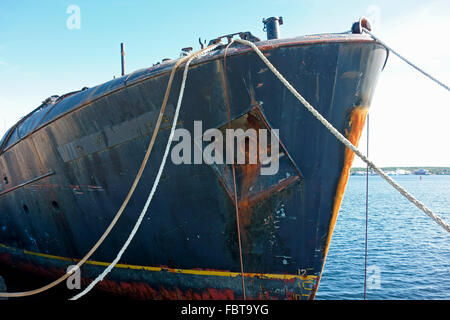 The derelict ship RV Farley Mowat sitting at the wharf at Shelburne, Nova Scotia after being stripped for scrap. Stock Photo
